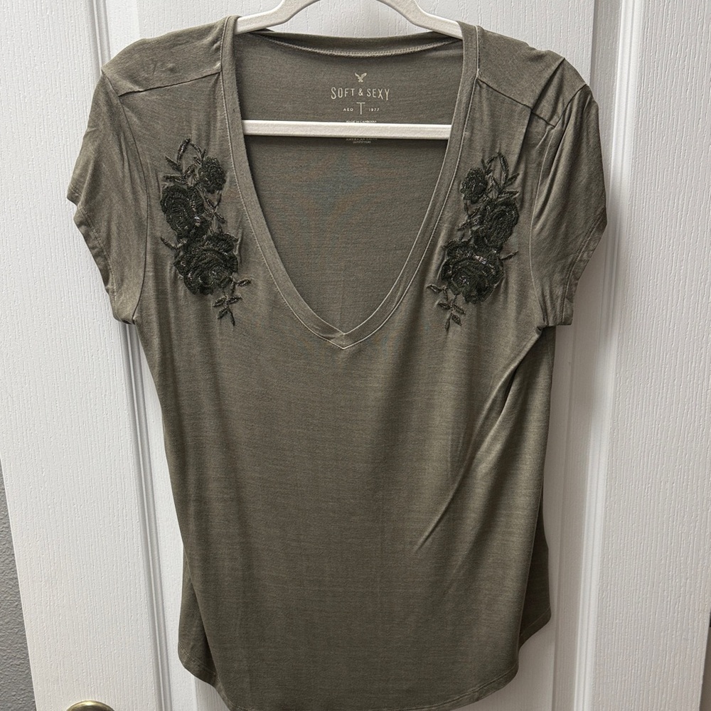 Women's Soft & Sexy Olive Top with Floral Embroidery by American Eagle